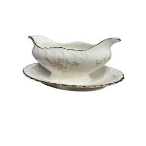 Pope Gosser NEW PRINCESS Floral Gold Edged Gravy Boat with Attached Plate